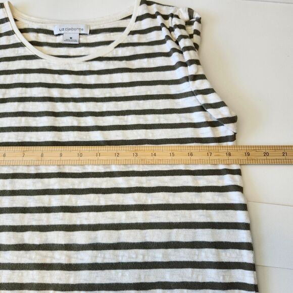 Liz Claiborne Women's Cap Sleeve Tee Army Green Striped 100% cotton Size Large - Picture 6 of 7